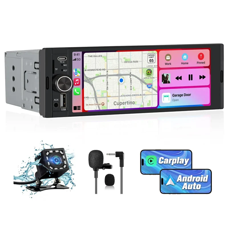 AWESAFE Single DIN Car Radio 6.36 Inch with Wireless CarPlay & Android Auto Bluetooth USB