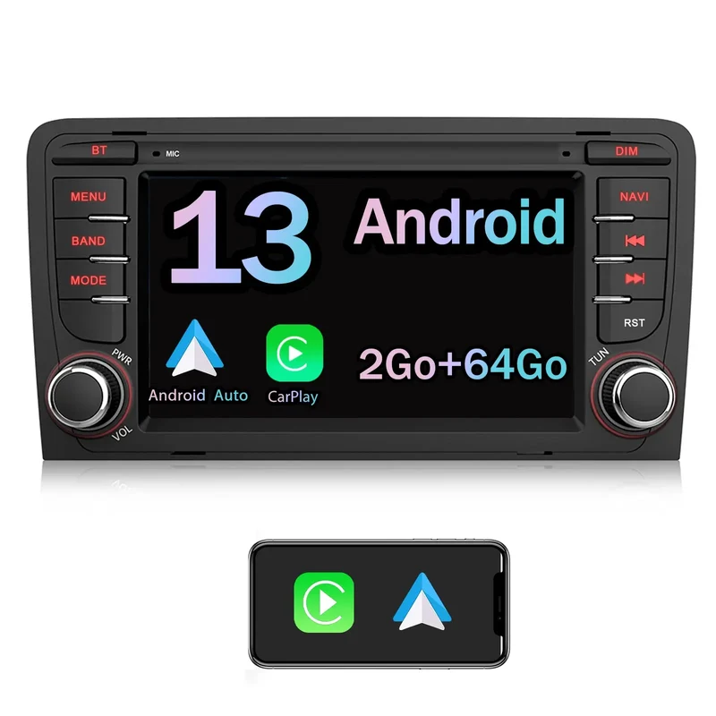 AWESAFE Android 13 Autoradio 7 pouces 2+64Go avec Caméra de Recul/Bluetooth/DSP/FM/AM/Android Auto & CarPlay sans fil - pour Audi A3/S3/RS3 2003-2012