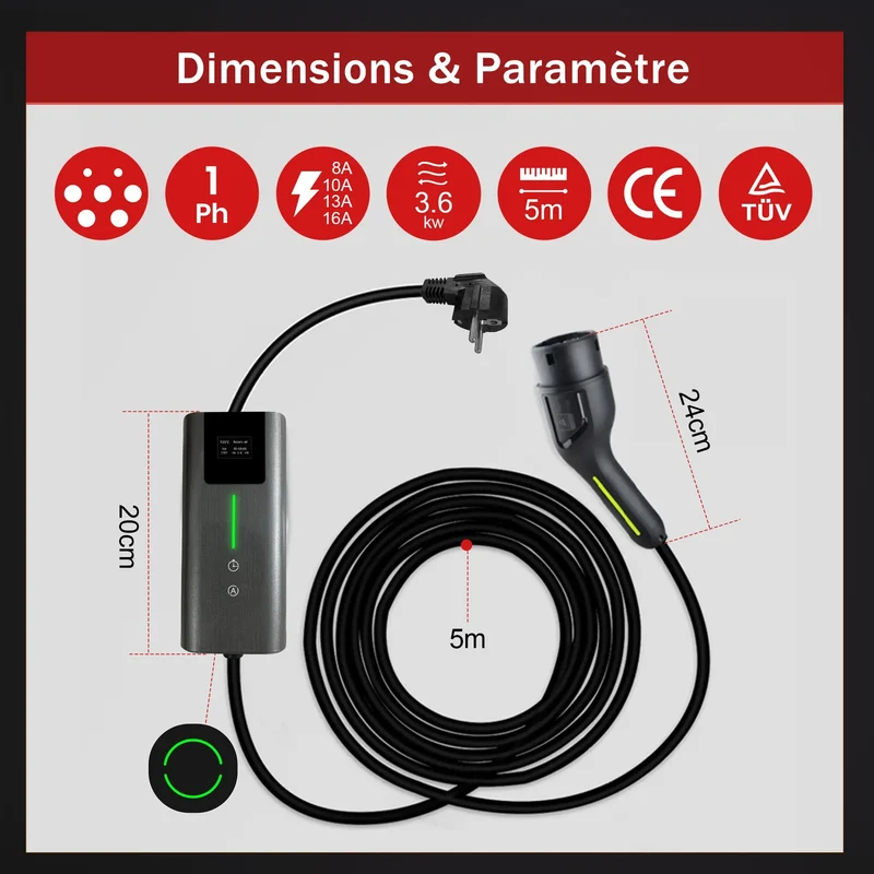AWESAFE Portable Chargeur Voiture Electrique 5M 3.6KW, 1 Frase 16A Type 2 Commutable Voiture EV Chargeur Schuko