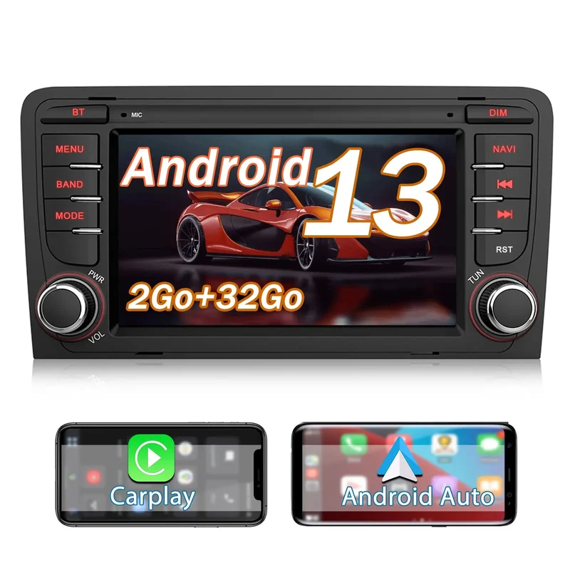 AWESAFE Autoradio Android 13 pour Audi A3 S3 RS3 8P (2003-2012) (2Go + 32 Go) avec Carplay Android Auto 7 Pouces GPS WiFi USB SD Bluetooth Commande au Volant(sans Lecteur CD)