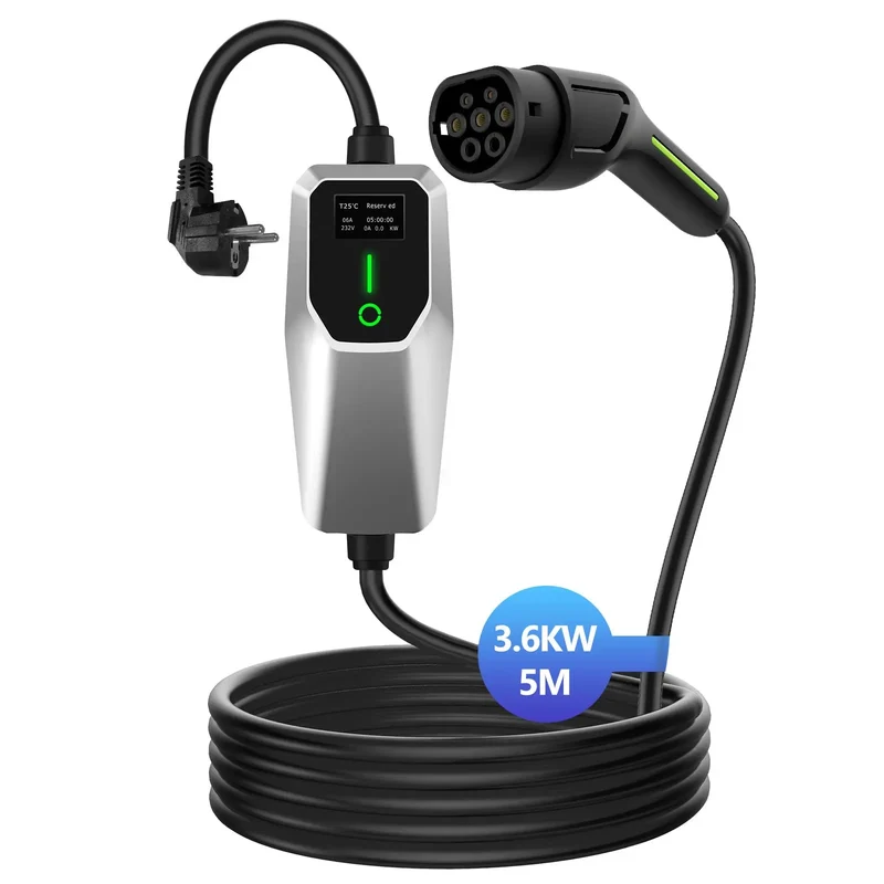 AWESAFE Încărcător auto pentru vehicule electrice Tip 2, monofazat, 16 A, 3,68 kW, cablu de 5 m, curent reglabil 6 A/8 A/10 A/13 A/16 A, curent de încărcare comutabil, unitate de control argintie, cu ștecher Schuko pentru uz casnic