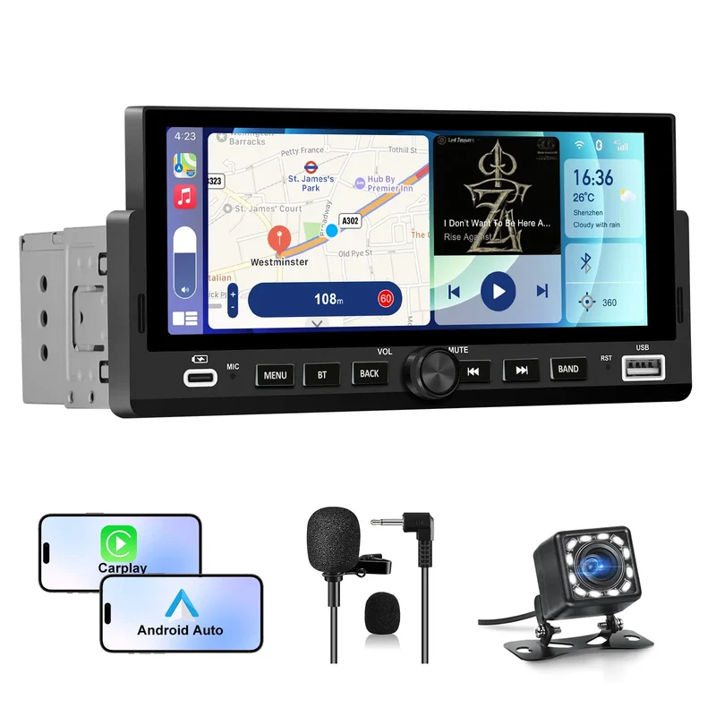 AWESAFE Radio auto 1 DIN cu CarPlay și cameră de marșarier, ecran tactil de 6,86", CarPlay, Android Auto, navigație, Bluetooth, control de pe volan, slot pentru card SD, port USB și microfon extern