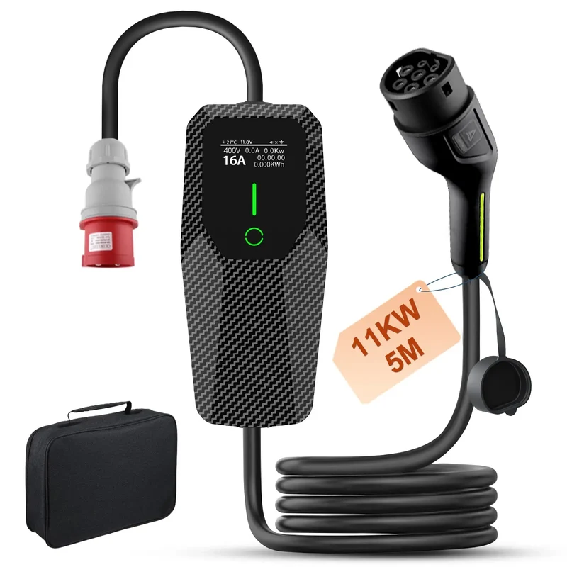 AWESAFE Cablu de încărcare de 11 kW, 16 A, Tip 2, cu mufă CEE pentru vehicule electrice, 5 m, rezistent la apă IP65, cu geantă de transport, stație de încărcare mobilă, curent reglabil 6–16 A