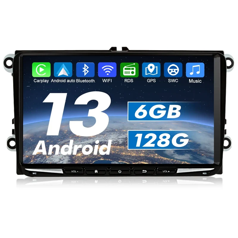 AWESAFE Android Autoradio für Volkswagen, Golf 5, Seat, 8 Core 6GB+128GB Unterstützt 4G-SIM-Karten, wireless and wired CarPlay, Android Auto, Navigation, Radio, Bluetooth, SWC, WLAN, FM / AM Radio