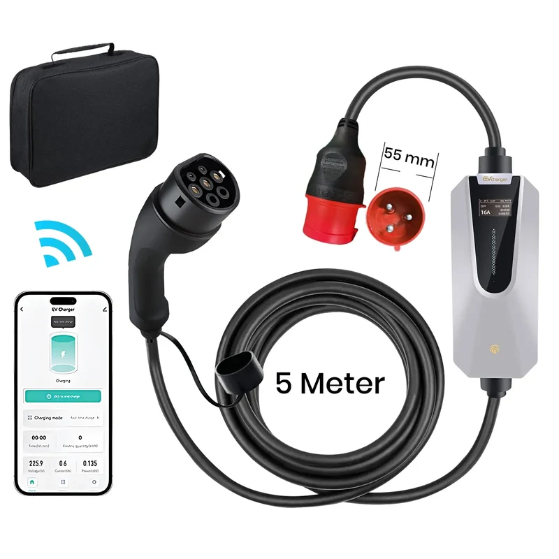 AWESAFE Typ 2 Ladekabel, 11kW, 16A, 5m, IP65, unterstützt App-Steuerung, 3 Phase, tragbare Wallbox mit 6-16A Stromregelung mit Steuerbox in Silber, Ladezeiten programmieren