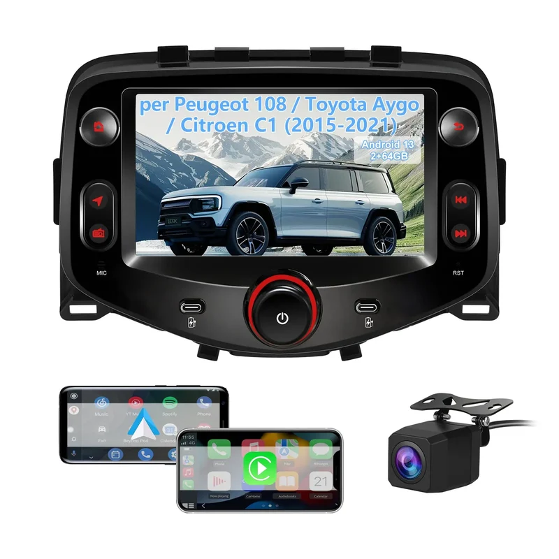 AWESAFE 7 Pollici Autoradio per Toyota Aygo, Peugeot 108, Citroen C1 (2015-2021) con Wireless CarPlay Android Auto Bluetooth GPS Comandi al volante FM RDS Telecamera posteriore-2GB+64GB