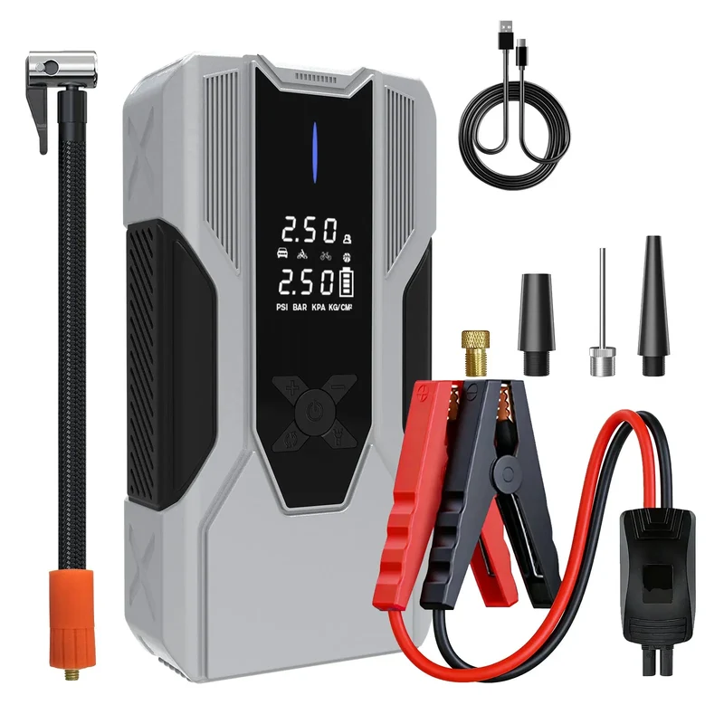 AWESAFE Arrancador de Batería Portátil con Compresor de Aire Integrado, Power Bank de 12000 mAh de Alta Potencia para Emergencias Automotrices