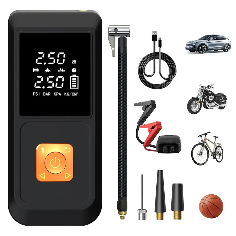 AWESAFE Elektrische Luftpumpe 10000mAh mit kabelloser Starthilfe, Powerbank & Beleuchtung/Warnblinklicht - Für Auto, Fahrrad, Motorrad und Bälle