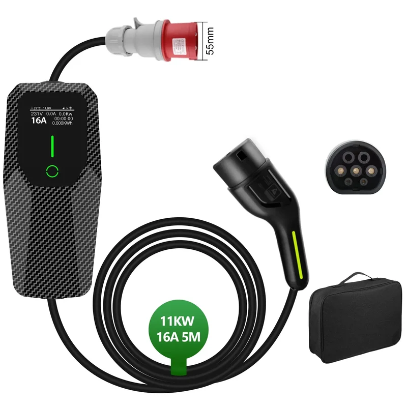 AWESAFE 11kW Typ 2 EV-Ladegerät mit 5m Kabel, 8-16A einstellbar (Strom/Startzeit), dreiphasigem CEE-Stecker rot, Tragetasche + DE-Anleitung – für E-Autos & PHEV,