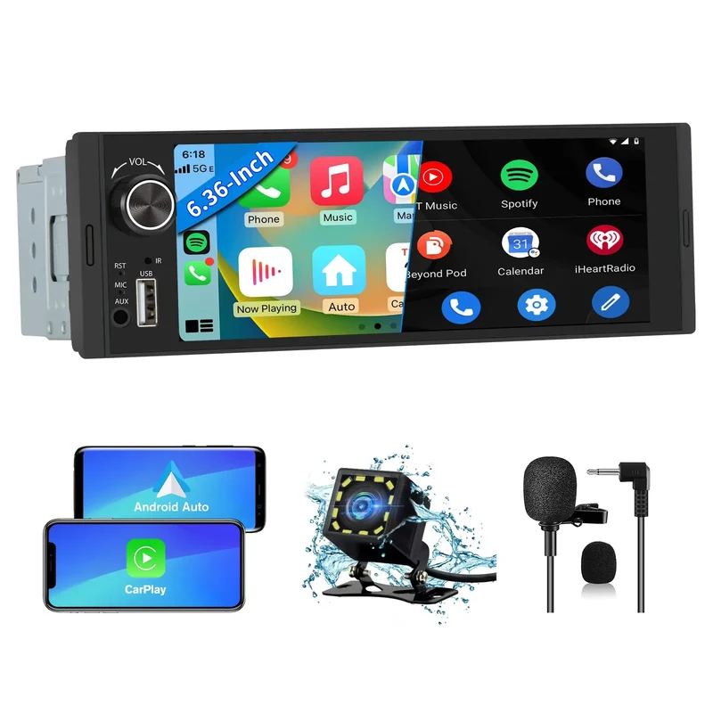 AWESAFE Single Din Car Radio IPS Touchscreen 6.36 Inch with Wireless CarPlay & Android Auto Bluetooth