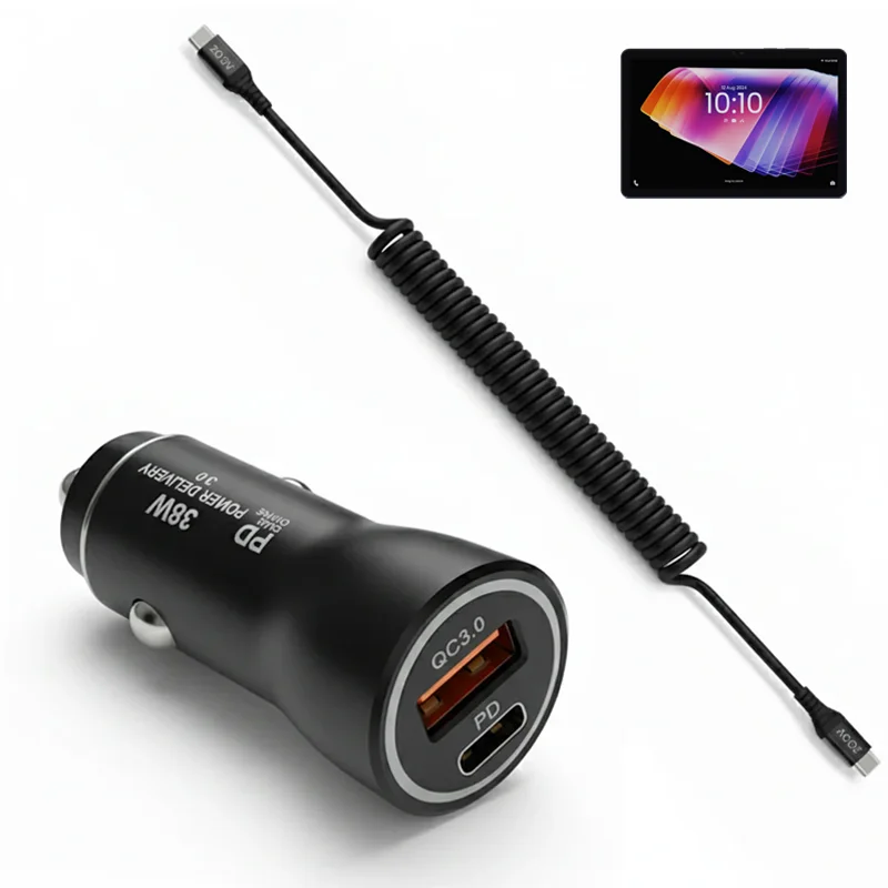 Chargeur de voiture rapide 38W et câble enroulé USB-C pour tablettes Rhino
