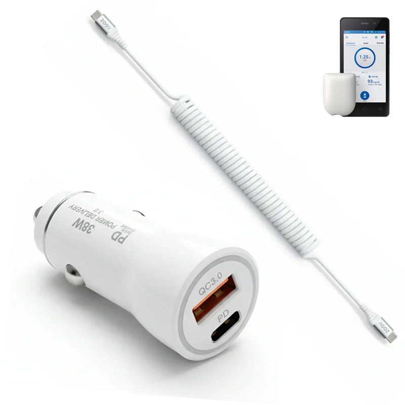 Chargeur de voiture rapide 38W et câble enroulé USB-C pour Omnipod 5