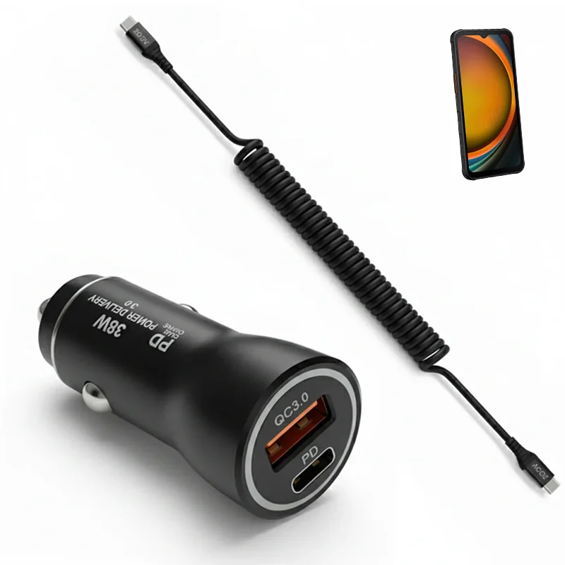 Chargeur voiture USB-C 38W avec câble en spirale pour appareils Samsung XCover
