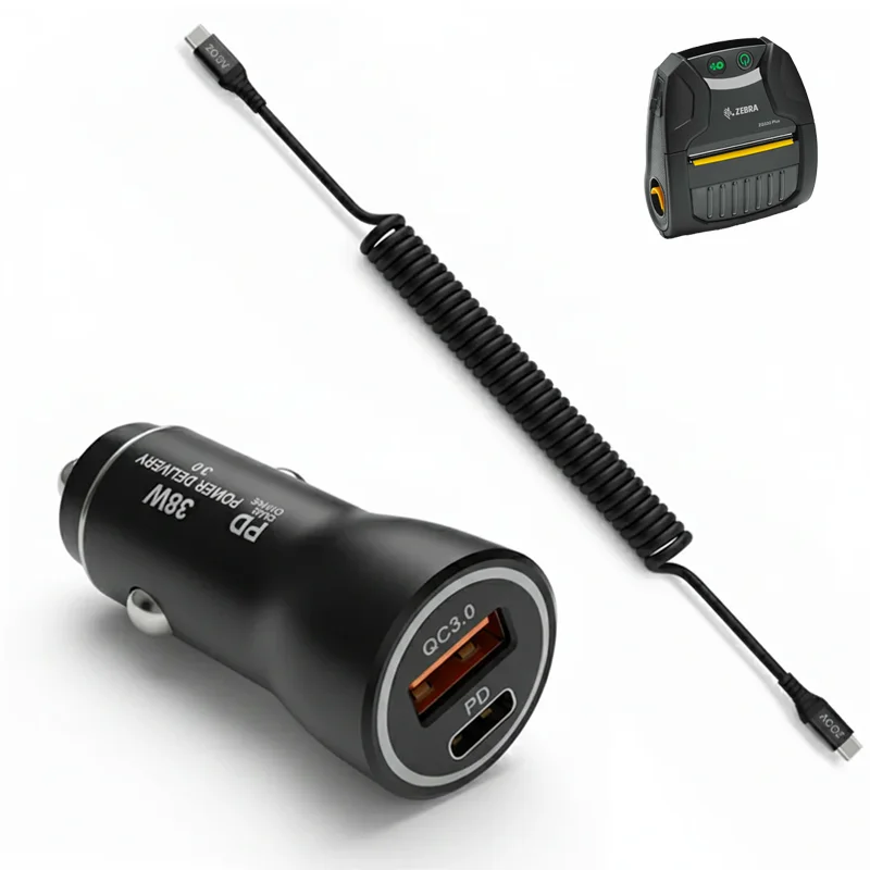 Chargeur de voiture rapide 38W et câble enroulé USB-C pour imprimantes mobiles Zebra