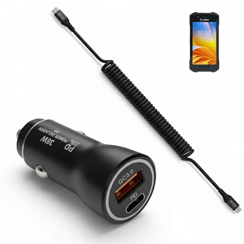 Kit de chargeur véhicule 38W pour scanner Zebra avec câble USB-C en spirale | Agoz