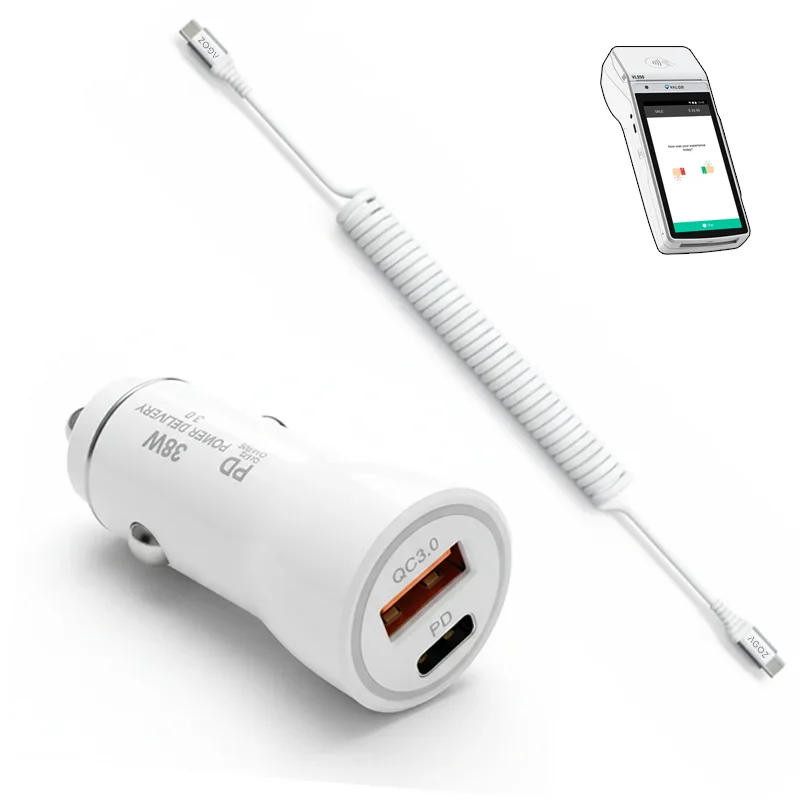 Chargeur de voiture rapide 38W et câble enroulé USB-C pour terminal de paiement mobile Valor Paytech