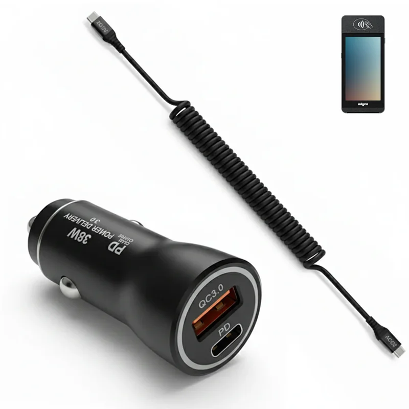 Chargeur de voiture rapide 38W et câble enroulé USB-C pour terminal de paiement mobile Adyen