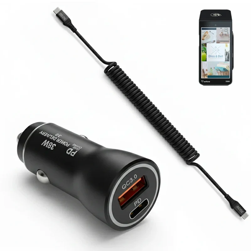 Chargeur de voiture rapide 38W et câble USB-C en spirale pour terminal de paiement portable Verifone