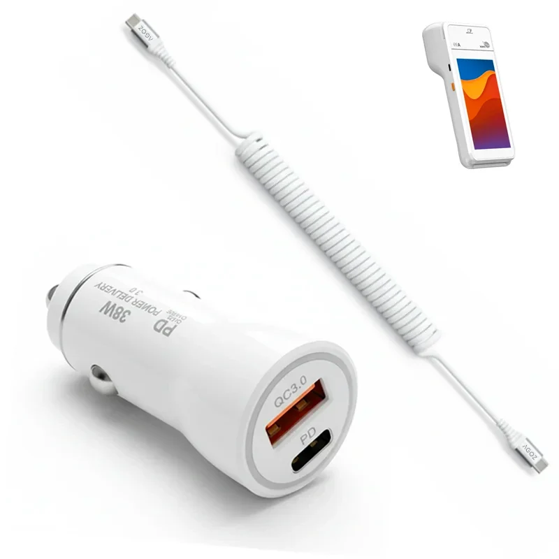 Chargeur de voiture rapide 38W et câble enroulé USB-C pour terminaux PAX POS