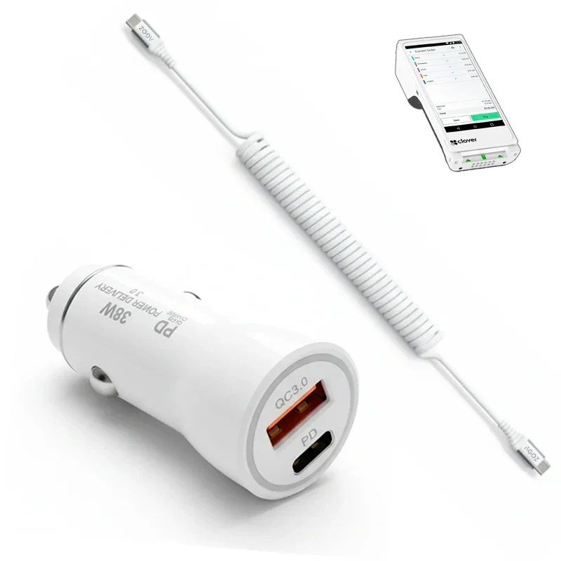 Chargeur de voiture rapide 38W et câble enroulé USB-C pour terminal Clover Flex