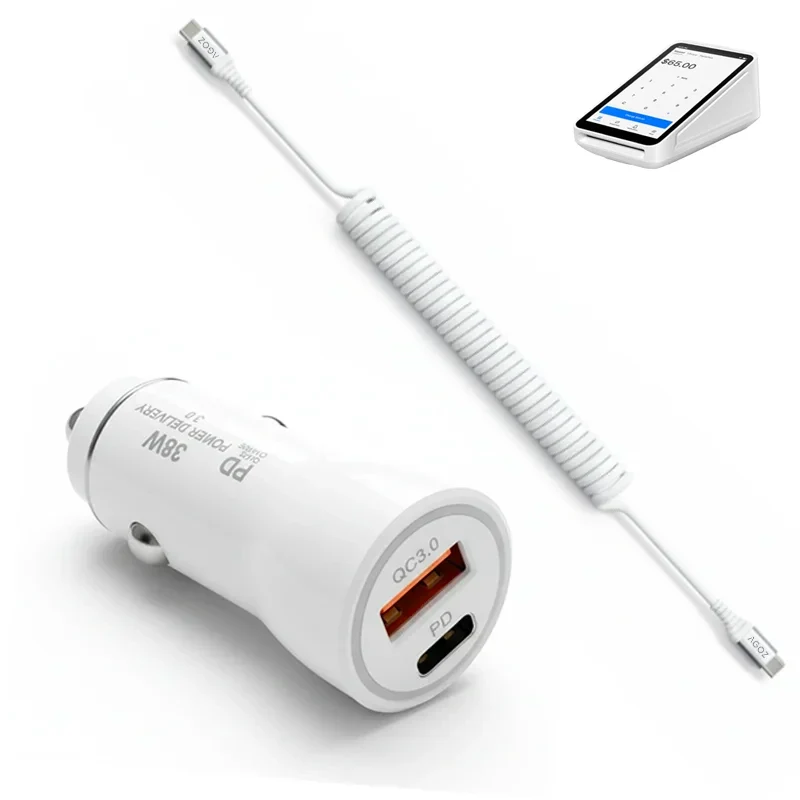 Chargeur de voiture rapide 38W et câble USB-C en spirale pour appareil de point de vente Square