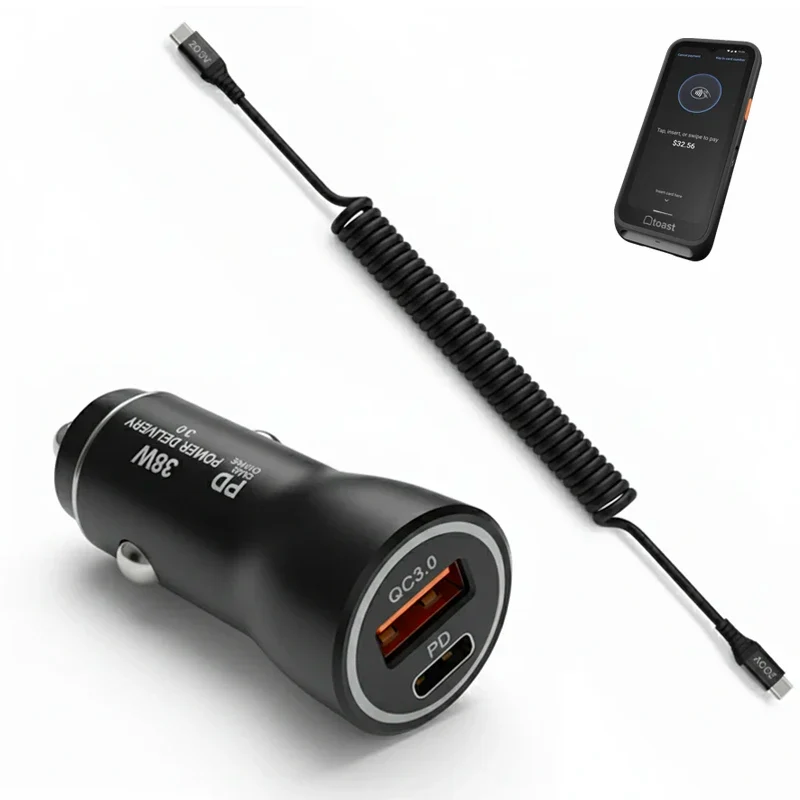 Chargeur de voiture rapide 38W et câble USB-C en spirale pour terminal de paiement portable Toast