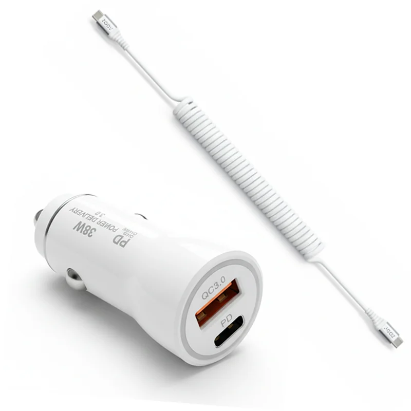 Chargeur de voiture rapide 38W et câble enroulé USB-C vers USB-C