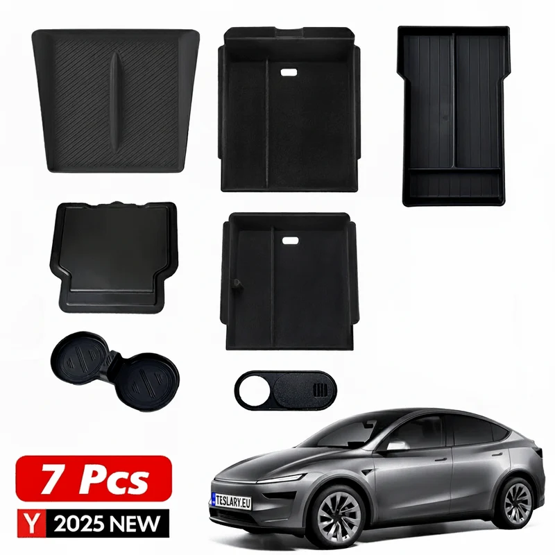 Tesla Model Kit de rangement Juniper 7 en 1 comprenant un cache pour caméra de confidentialité, un cache pour chargeur sans fil et des plateaux pour console centrale.