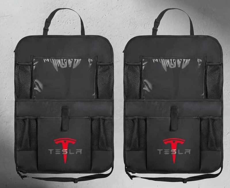 Organisateur de dossier de siège auto et protections anti-coups de pied sur le thème Tesla, fabriqués en tissu Oxford durable avec plusieurs compartiments.