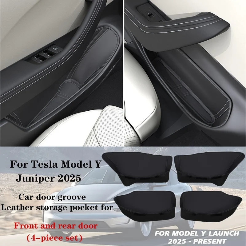 Tapis de protection intérieure adaptés à Tesla Model Y Juniper 2025+ | Tapis de porte, tapis de rangement pour porte en similicuir Napa, ensemble de 4 pièces pour portes avant et arrière, pour Tesla Model Y Genévrier
