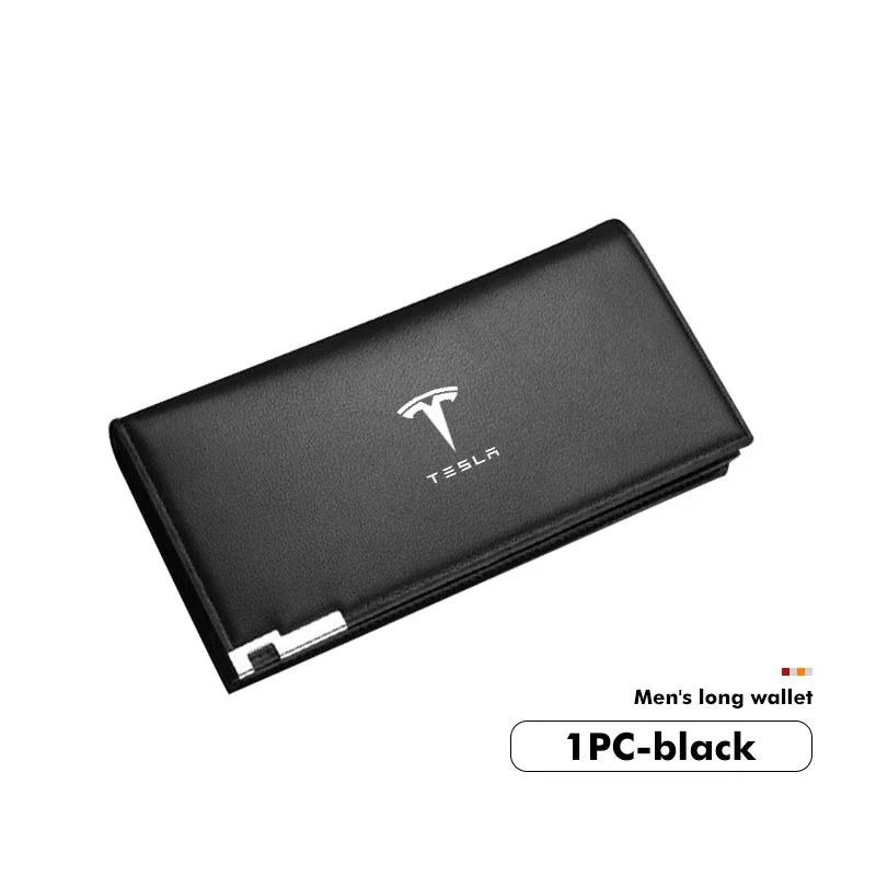 Portefeuille homme long en cuir avec fermeture éclair, protection RFID, emplacements pour permis de conduire et cartes de crédit, logo Tesla
