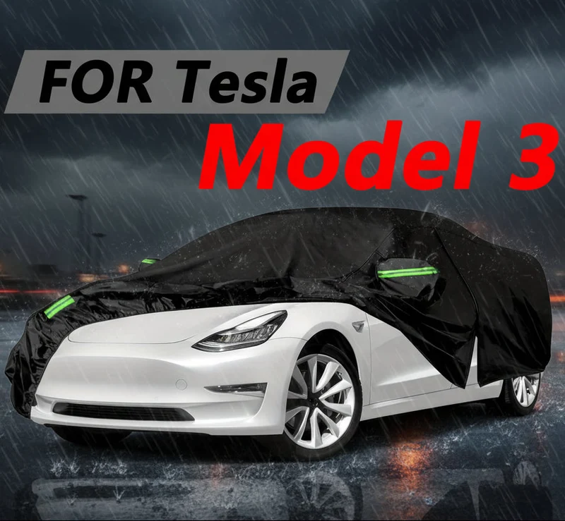 Tesla Model 3 portes zippées, housse noire coupe-vent avec protection UV, six bandes réfléchissantes pour une sécurité accrue de nuit.
