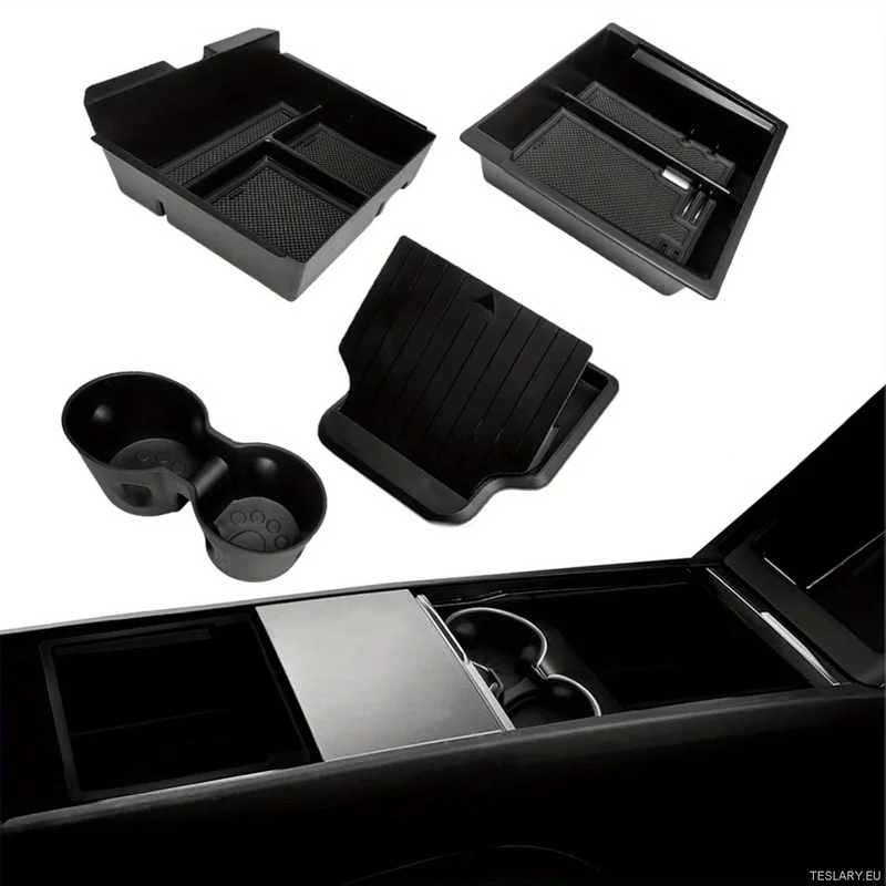 Tesla Model 3+ Hautes Terres / Model Kit d'organisation Y Juniper 4-1 pour console centrale : plateau de rangement en ABS, boîte de rangement coulissante pour accoudoir avec porte-gobelet, compatible avec Highland Model SEULEMENT!