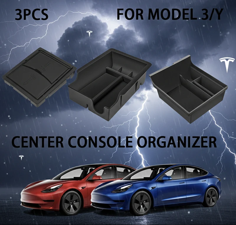Kit de 3 plateaux organisateurs pour console centrale Tesla Model 3 / Y Accoudoir Tiroir dissimulé, Plateau avant et arrière (Flocagé)