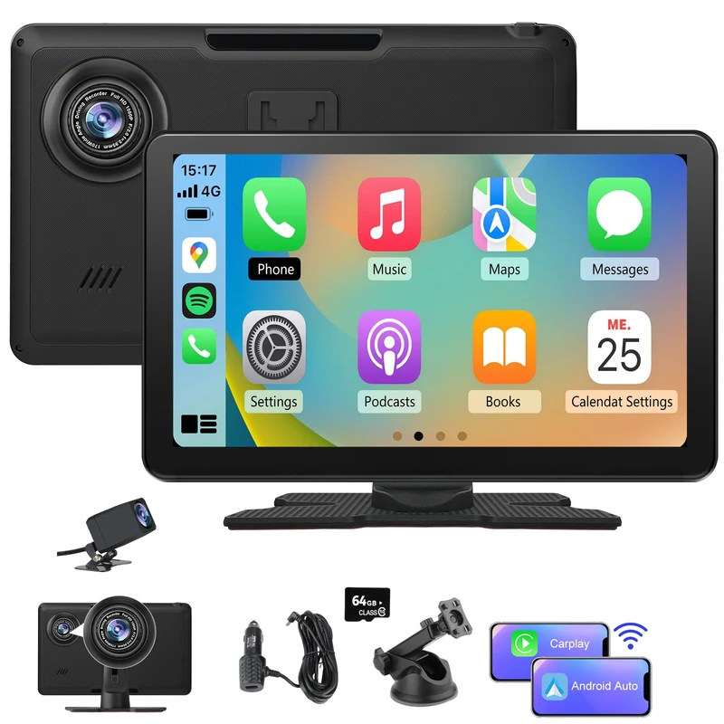 AWESAFE Écran Portable 9'' pour Sans Fil CarPlay & Android Auto, Affichage Dividida IPS Pantalla , Support Modes Portrait et Paysage,Dashcam 4K & 1080p Caméra de Recul, Bluetooth, Contrôle Vocal, Navigat, Carte SD 64GB