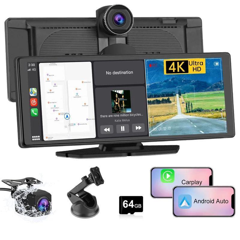AWESAFE Autoradio avec CarPlay Sans Fil & Android Auto - Écran Tactile 10,26 Pouces - Dash Caméra 4K + 1080P Arrière - Bluetooth/GPS/Mirror Link/Assistant Vocal/AUX/FM