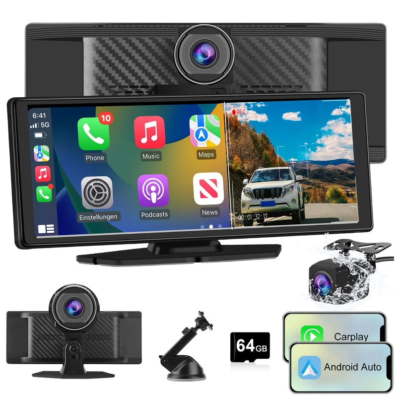 AWESAFE Autoradio avec CarPlay Sans Fil & Android Auto - Écran Tactile 10,26 Pouces - Caméra 4K Avant + 1080P Arrière - Bluetooth/GPS/Mirror Link/Assistant Vocal/AUX/FM