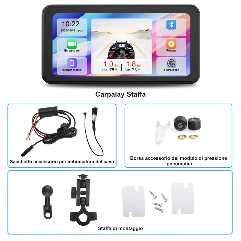 AWESAFE Schermo Carplay Per Moto Senza Fili Touchscreen Navigatore GPS da 6.25 pollici IPX8 con scheda SD Dashcam 2K Android Auto adatto a tutti i tipi di motociclette