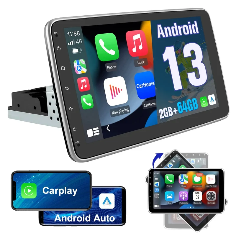 AWESAFE Autoradio Android 13 2+64GB con Schermo Orientabile 10,1 Pollici - Per Auto 1 DIN - FM/Controllo al Volante/DSP/Bluetooth con CarPlay e Android Auto