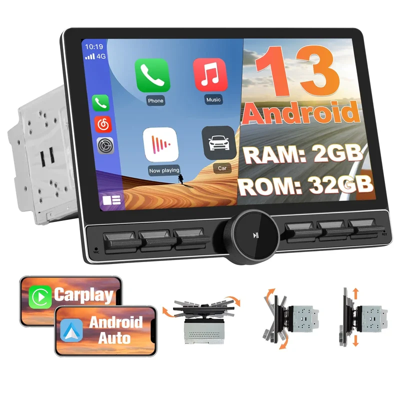 AWESAFE Android 13 10.6" Radio Coche 2 DIN Universal con Pantalla Táctil Inclinable y Giratoria, Autoradio Admite CarPlay/Android Auto Inalámbrico/MirrorLink/WiFi/4G/Bluetooth