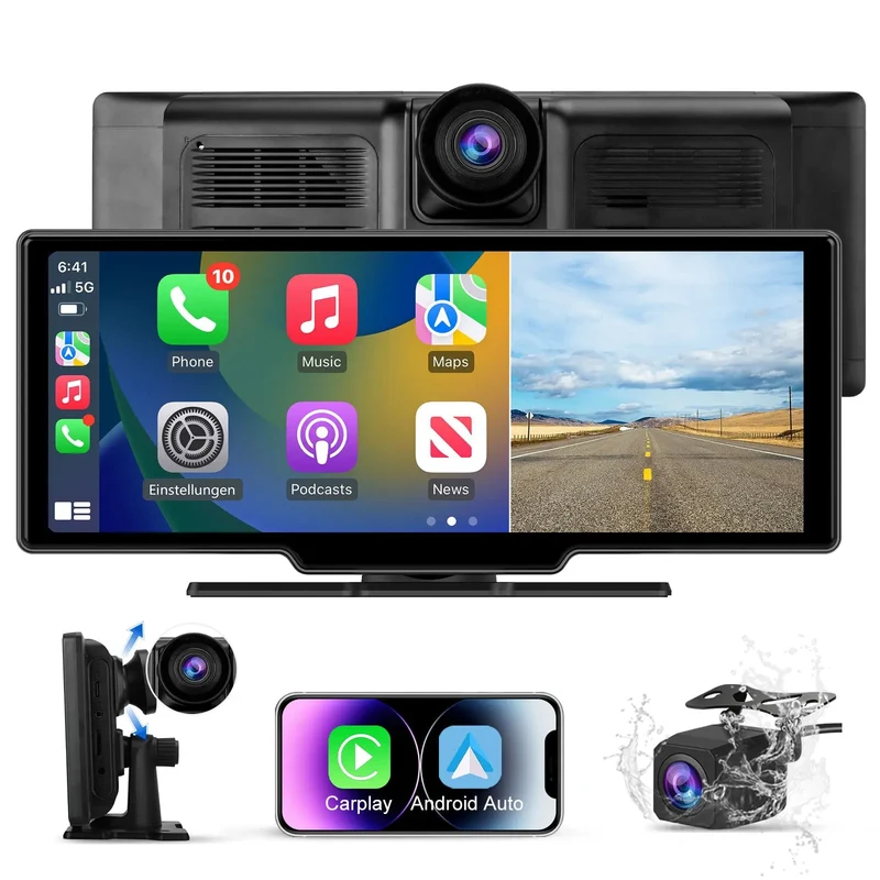 AWESAFE Estéreo inalámbrico para Coche 10,26" Pantalla Dividida con Cámaras Duales 4K+1080P Cámara Trasera, CarPlay Inalámbrico/Enlace Espejo/Control por Voz/SD/USB-C