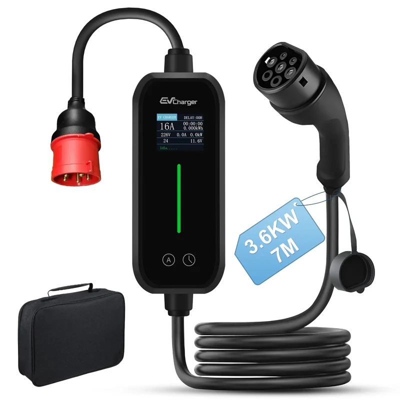 AWESAFE EV-Ladegerät Typ 2 11kW mit 7M Kabel Mobile Wallbox für Elektrofahrzeuge, 6-16A, energiesparend – inkl. Tragetasche, rotem dreiphasigem CEE-Stecker & deutscher Anleitung