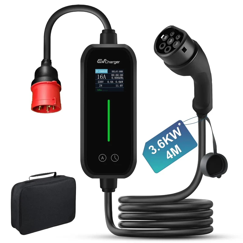 AWESAFE EV-Ladegerät Typ 2 11kW mit 4M Kabel Mobile Wallbox für Elektrofahrzeuge, 6-16A, energiesparend – inkl. Tragetasche, rotem dreiphasigem CEE-Stecker & deutscher Anleitung