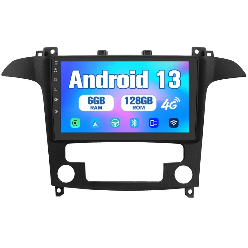 AWESAFE Android 13 Autoradio 6GB+128GB mit 9 Zoll Touchscreen - Bluetooth/GPS/UKW-Radio/CarPlay/Android Auto - Für Ford S-Max 2007-2008 mit Auto-Klimaanlage