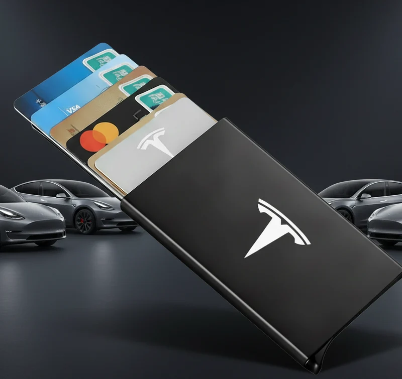 Portefeuille RFID Smart ID CARD pour cartes bancaires ou carte-clé Tesla avec logo Tesla, disponible en noir, rouge ou argent.