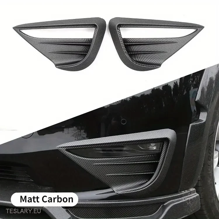 Tesla Model Déflecteur de vent avant en Y pour feux antibrouillard, disponible en noir mat, noir brillant carbone, noir mat carbone et noir brillant.
