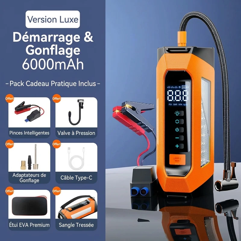 Booster Démarrage Voiture — Powerbank 6 000 à 12 000 mAh (Compresseur + Lampe)