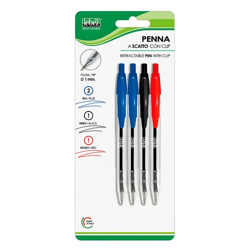 Lampa Penna a scatto con clip, punta diametro 1 mm, set 4 pz CA2384