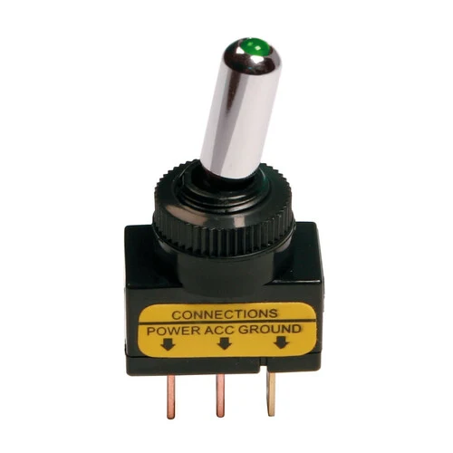 Interruttore a leva tipo Racing, in alluminio con spia a Led 12/24V Verde 20A 45560